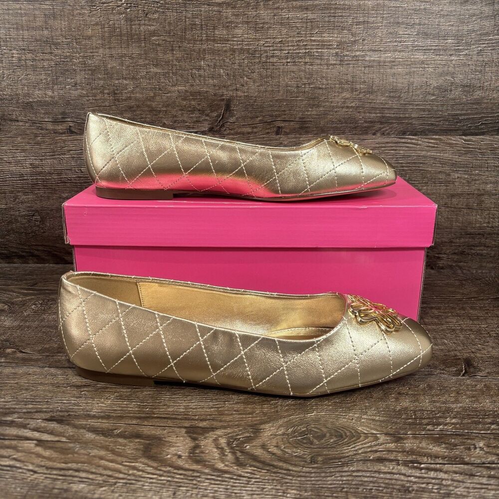 Lilly Pulitzer Patina Ballet Flats Shoes Women's 9.5 Gold Metallic Leather Logo